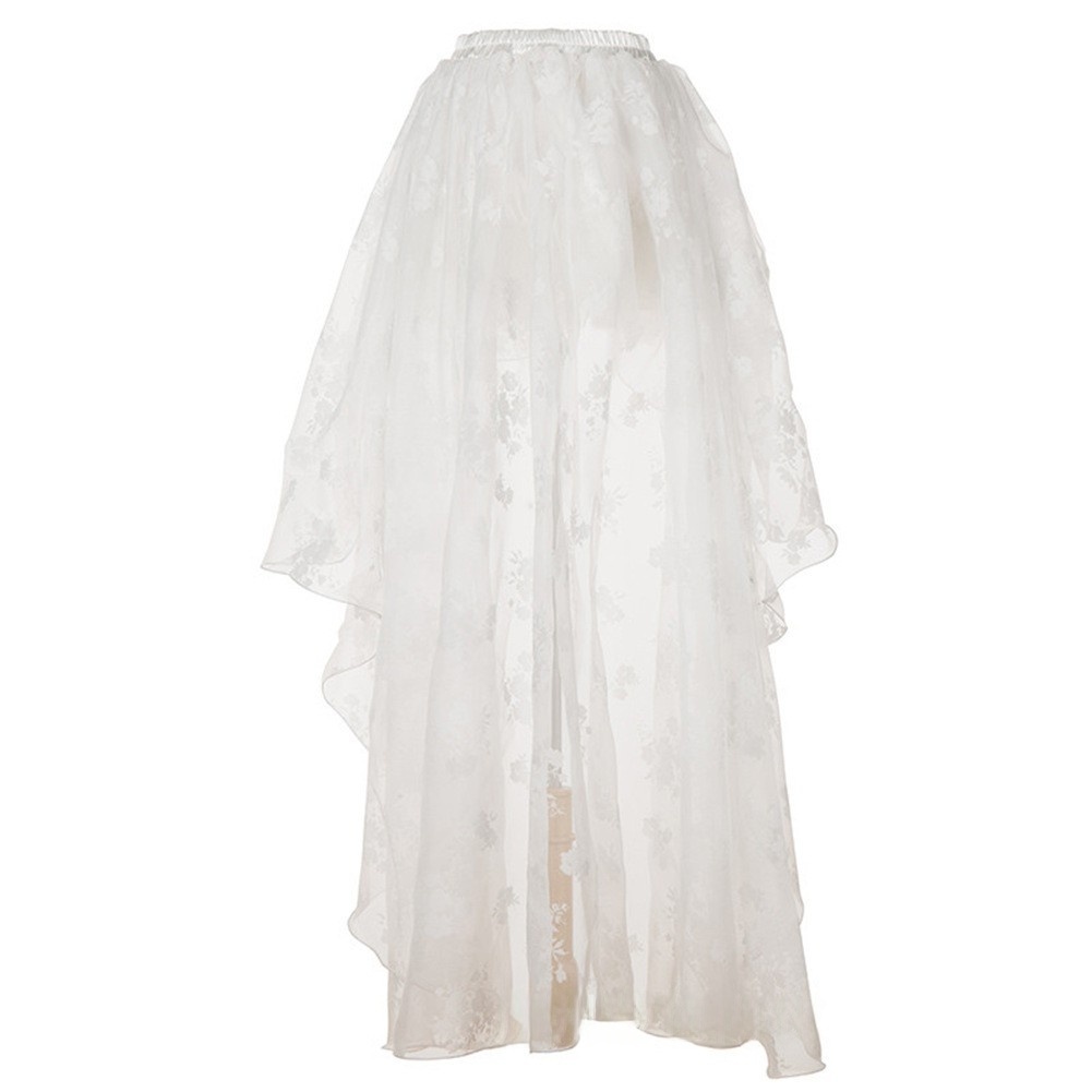 Victorian Gothic High Low Skirt With Black Floral Lace And Layered Mesh Design